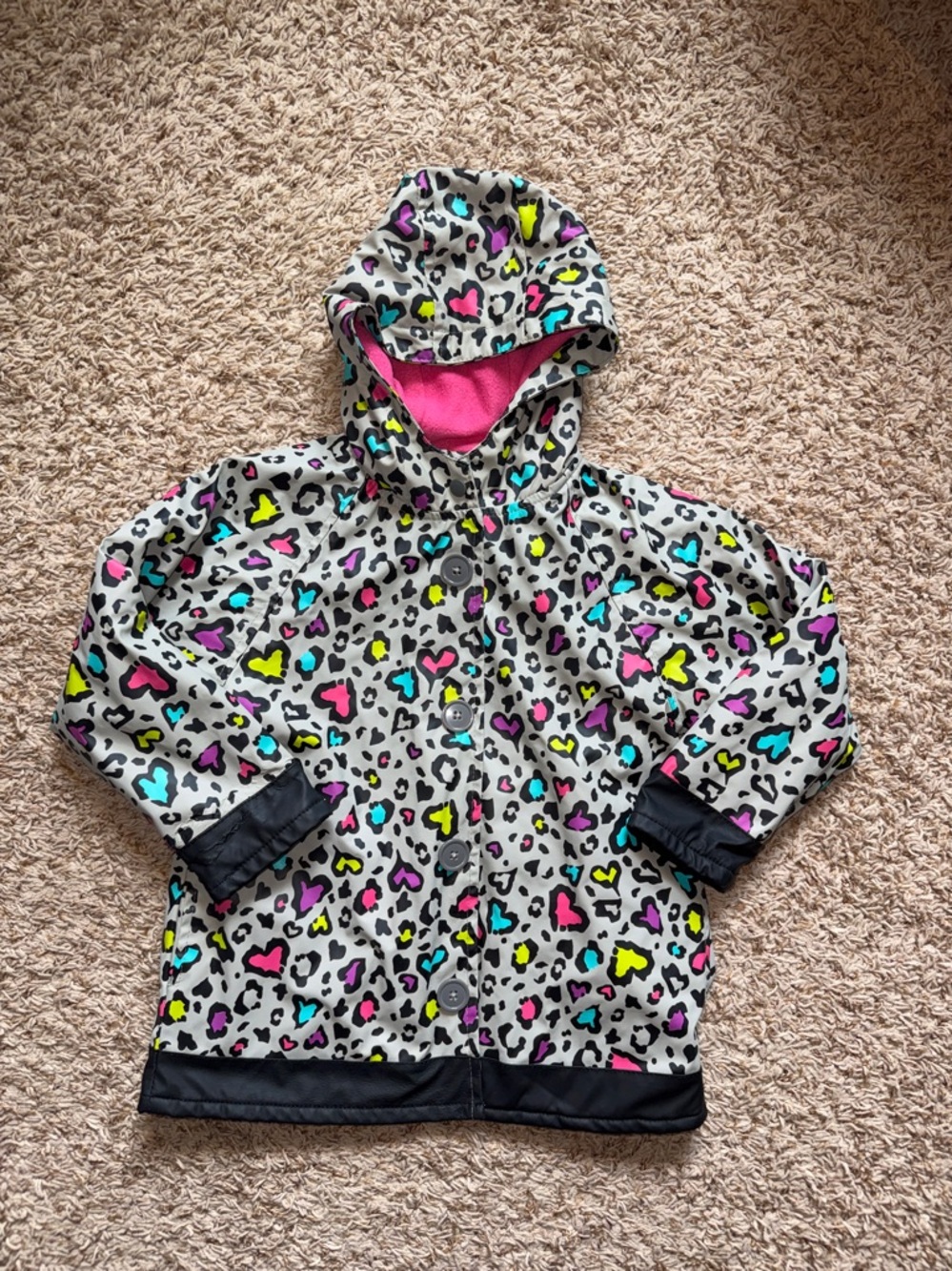 Size 5 girls leopard print with colorful hearts hooded raincoat.